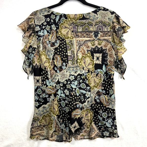 Kaitlyn 1X Paisley Print Top Tie Front Flutter Sleeve Retro Abstract Funky Y2K - Picture 3 of 9